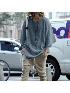 Spring and Autumn European and American Men's Clothing 2024 Long Sleeve Solid Color Top Trend Loose Sweater Men's Seven-quarter Sleeve Simple Fashion Loose Men's T-Shirtrendy loose T-shirt men