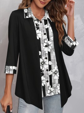 Plus Size Elegant Blouse, Women's Plus Colorblock Floral & Stripe Print Faux Twinset Long Sleeve Button Up Lapel Collar Asymmetric Hem Shirt Top