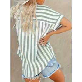 Plus Size Striped Print Blouse, Casual Short Sleeve Buttons Blouse For Spring, Women's Plus Size Clothing