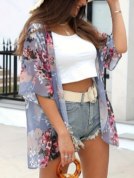 Plus Size V-Neck Floral Print Semi-Sheer 3/4 Sleeve Open Front Kimono - Lightweight, Casual, Non-Stretch Cover Up for Spring, Summer, and Fall - Easy Weekend Wear for Women