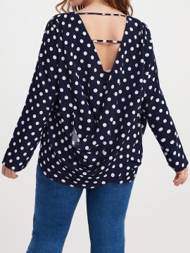Plus Size Polka Dot Print Ruched Back Blouse, Casual Long Sleeve Blouse For Spring & Fall, Women's Plus Size Clothing
