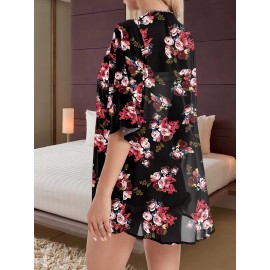Floral Print Sheer Chiffon Coverup, Casual Half Sleeve Open Front Loose Blouse, Women's Clothing