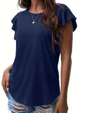 Ruffle Sleeve Crew Neck T-Shirt, Casual Top For Summer & Spring, Women's Clothing