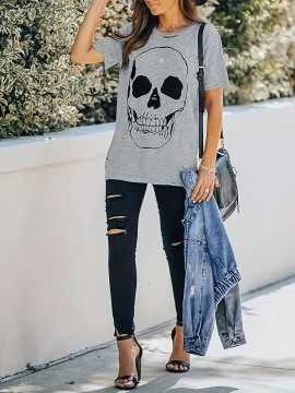 Skull Print Cut Out T-shirt, Distressed Short Sleeve Loose Top For Spring & Summer, Women's Clothing