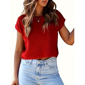 Women's Cap Sleeve Navel Top Summer Fashion Outing Round Neck Loose Knitted Cropped Sweater Vest