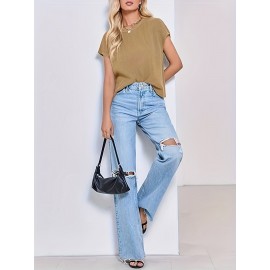Women's Cap Sleeve Navel Top Summer Fashion Outing Round Neck Loose Knitted Cropped Sweater Vest