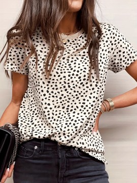Dalmatian Print Crew Neck T-Shirt, Casual Short Sleeve T-Shirt For Spring & Summer, Women's Clothing