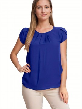 Women's Round Neck Pleated Blouse Cap Sleeve Curved Keyhole Back Chiffon Top