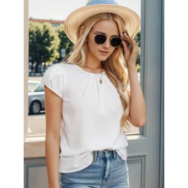 Women's Round Neck Pleated Blouse Cap Sleeve Curved Keyhole Back Chiffon Top