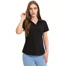 Tooluck Womens V Neck Short Sleeve Lapel Tops Loose Casual Blouses with Pocket