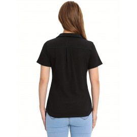 Tooluck Womens V Neck Short Sleeve Lapel Tops Loose Casual Blouses with Pocket