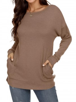 Crew Neck Solid Color T-shirt, Casual Long Sleeve Pocket Top For Spring & Fall, Women's Clothing