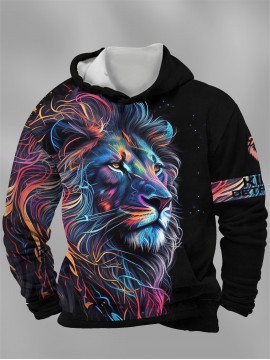 Plus Size Mens Vibrant 3D Lion Graphic Print Hooded Sweatshirt - Soft Slight Stretch Polyester Fabric, Machine Washable, Loose Fit, Club Party Style - Perfect for Fall Winter Fashion