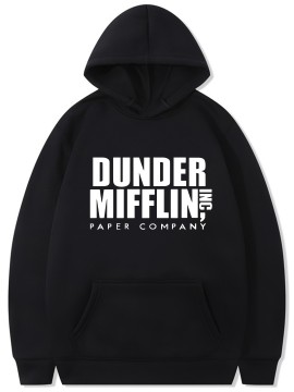 Plus Size Men's Graphic Hoodie - Soft Brushed Fleece, Casual Fashion, Pullover Design, Kangaroo Pocket, Sporty Style, Dunder Mifflin Print, Relaxed Fit, Everyday Wear, Autumn and Winter Essentials