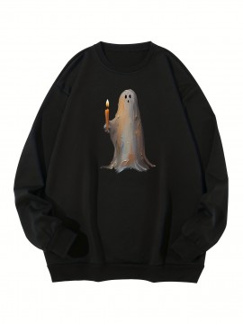 Plus Size, Men's Anime Ghost Print Sweatshirt Fall Winter Crew Neck Pullover For Big & Tall Males, Halloween Men's Clothing