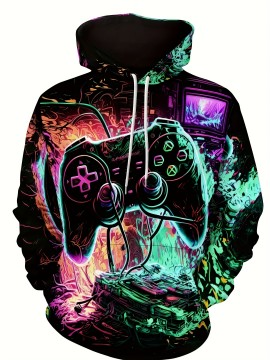 Plus Size Mens Graphic Print Hooded Sweatshirt with Slight Stretch Fabric for Spring and Fall - Cozy Regular Fit Polyester Knit Fabric with Hooded Collar