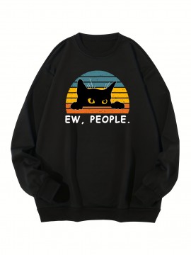 Plus Size Men's Sweatshirt, Anime Cat Print Crew Neck Pullover, Men's Clothing