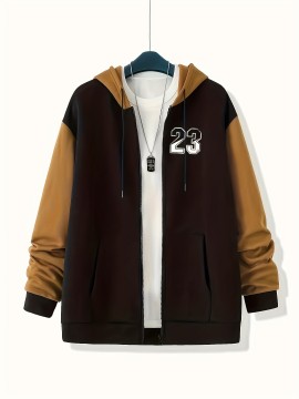 Plus Size Men's Contrast Color Letters 23 Graphic Print Hooded Jacket