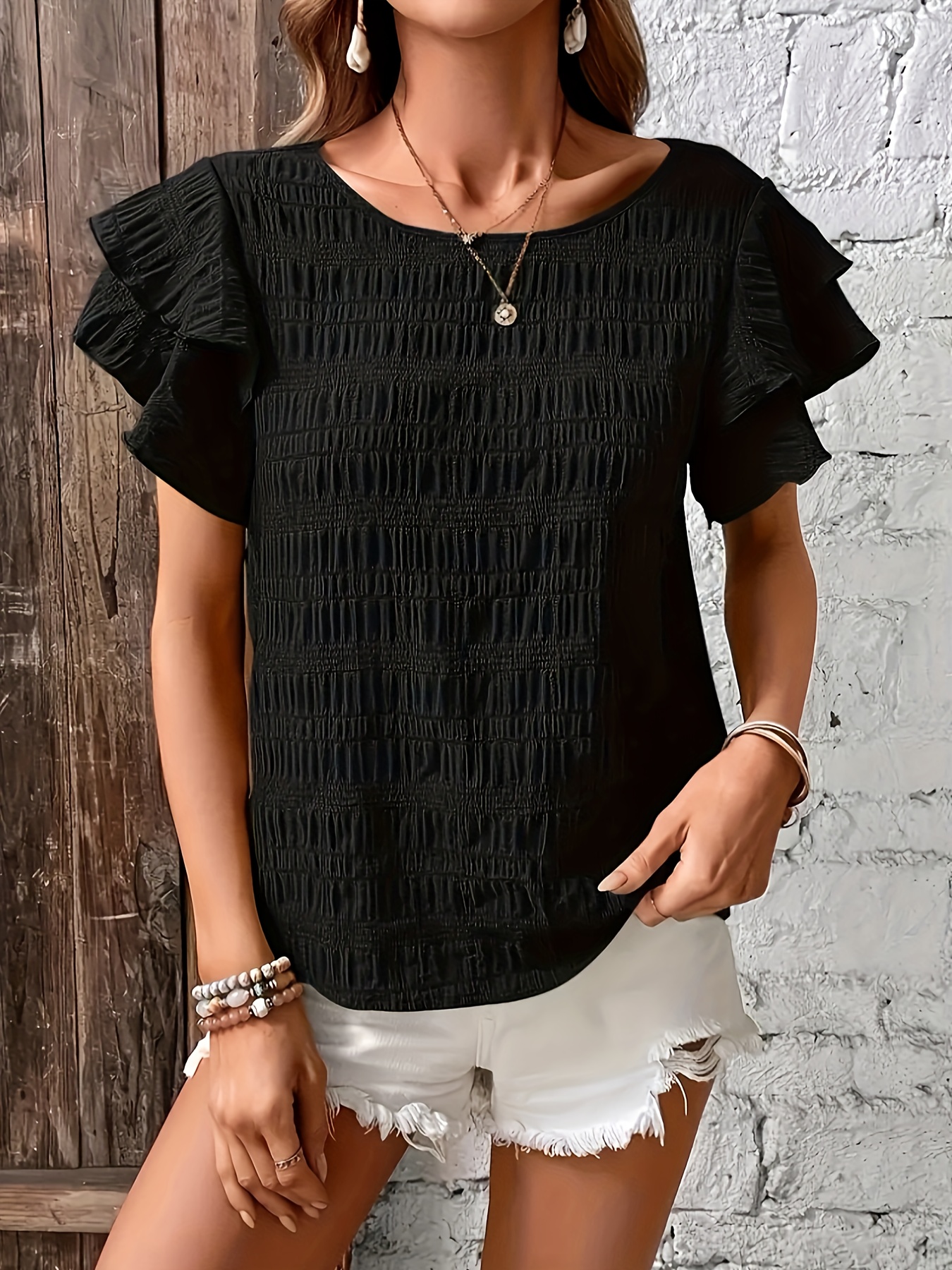 plus size ruffle sleeve textured blouse casual solid crew neck blouse for spring womens plus size clothing details 22