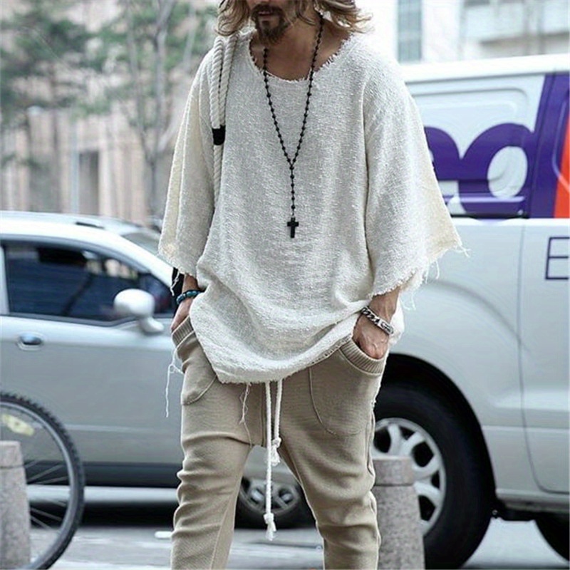 spring and autumn european and american mens clothing 2024 long sleeve solid color loose sweater mens seven quarter sleeve simple fashion loose mens t shirtrendy loose t shirt men details 2