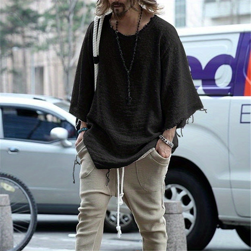 spring and autumn european and american mens clothing 2024 long sleeve solid color loose sweater mens seven quarter sleeve simple fashion loose mens t shirtrendy loose t shirt men details 4