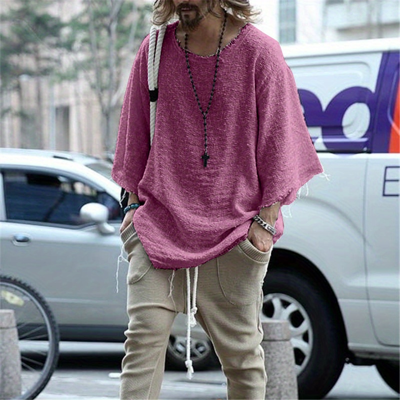 spring and autumn european and american mens clothing 2024 long sleeve solid color loose sweater mens seven quarter sleeve simple fashion loose mens t shirtrendy loose t shirt men details 5