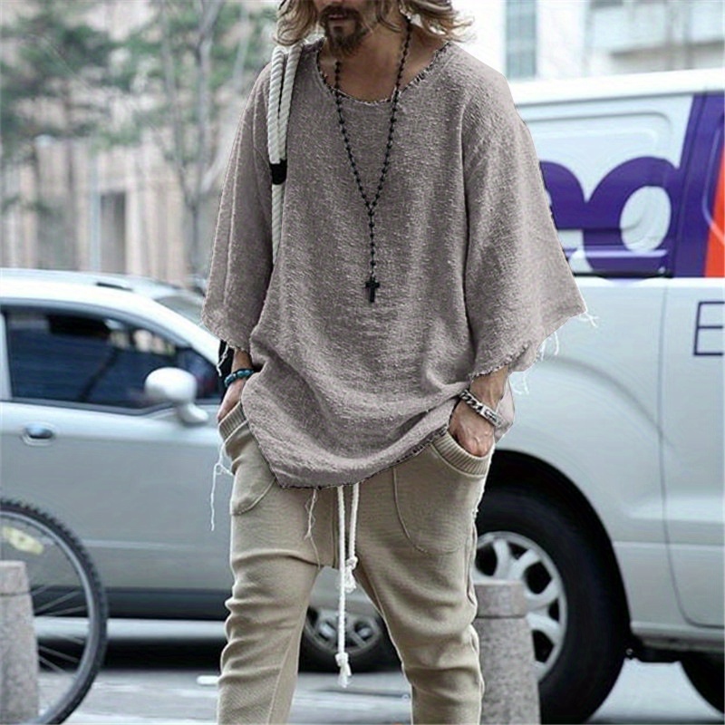 spring and autumn european and american mens clothing 2024 long sleeve solid color loose sweater mens seven quarter sleeve simple fashion loose mens t shirtrendy loose t shirt men details 7