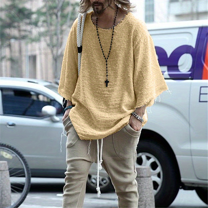 spring and autumn european and american mens clothing 2024 long sleeve solid color loose sweater mens seven quarter sleeve simple fashion loose mens t shirtrendy loose t shirt men details 9